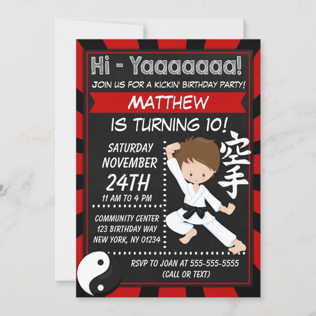 Karate Party Brown Hair Boy Kids Birthday Party Invitation | Zazzle