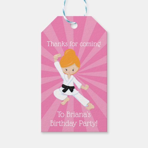 Karate Party Favor Pink Red Hair Girl Gift Tags