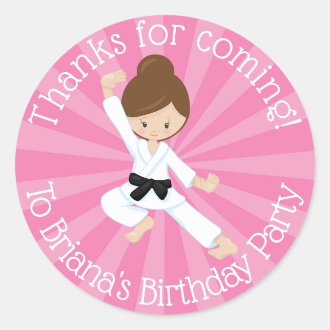 Karate Party Favor Sticker Brown Hair Girl (Front)