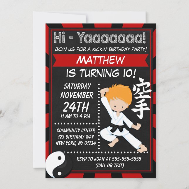 Karate Party Red Hair Boy Kids Birthday Party Invitation (Front)