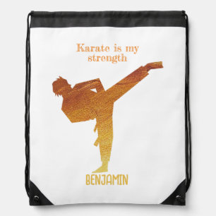 Karate Silhouette Modern Masculine Gold White Drawstring Bag
