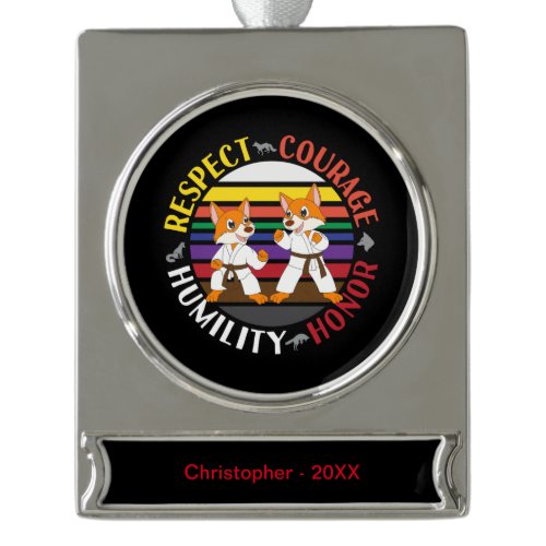 Karate Values - Cute Sparring Fox Silhouettes Silver Plated Banner Ornament