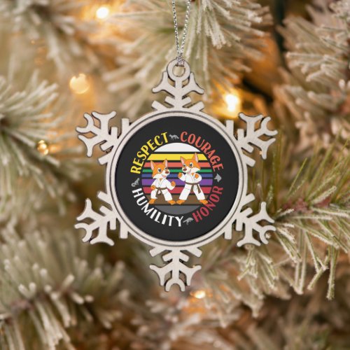 Karate Values - Cute Sparring Fox Silhouettes Snowflake Pewter Christmas Ornament
