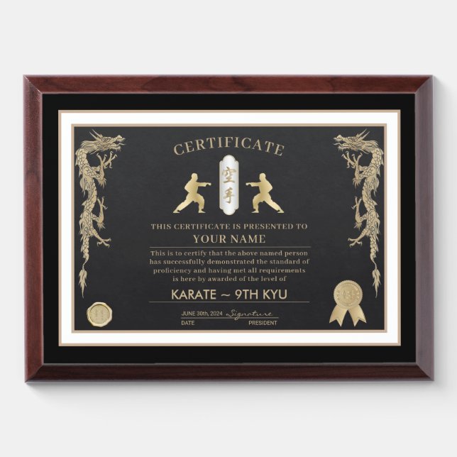 Karate White Belt Certificate Award Plaque (Horizontal)