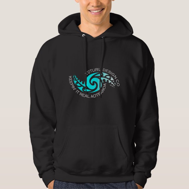 Karearea Hoodie and Tee - Turquoise on Black (Front)