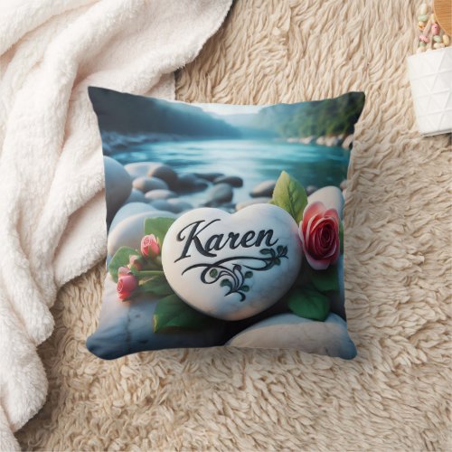 Karens River Stone Heart Throw Pillow