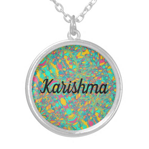 Karishma name cursive with abstract art background silver plated necklace