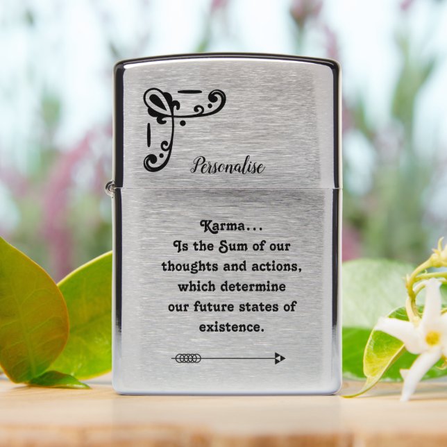 Karma Arrow Motivational Quote Personalised  Zippo Lighter (On Table)