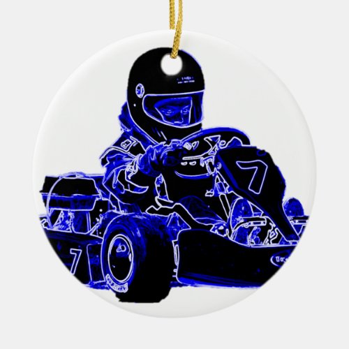 Kart Racing Blue and White Ceramic Ornament