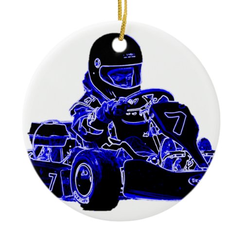 Kart Racing Blue and White Ceramic Ornament