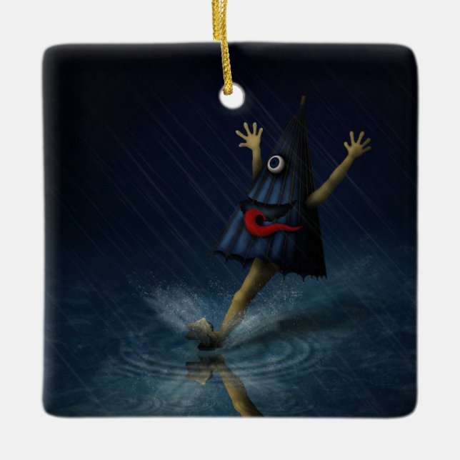 Kasa Obake Japanese Umbrella Ghost Rainy Day Ceramic Ornament (Front)