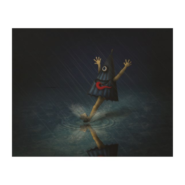 Kasa Obake Japanese Umbrella Ghost Rainy Day Wood Wall Art (Front)