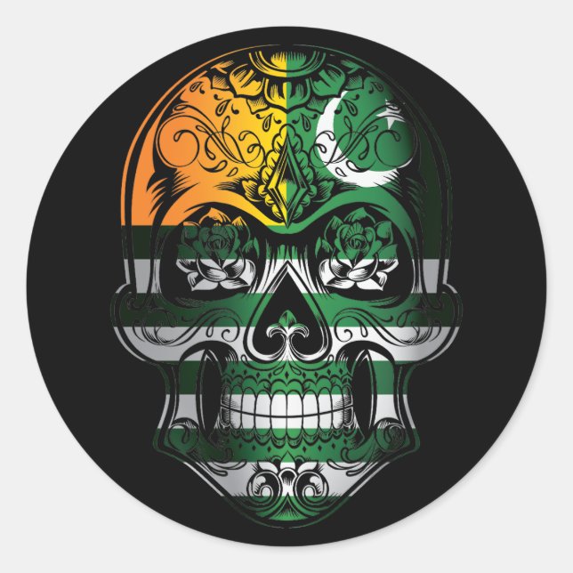 Kashmir Skull And Roses Flag Classic Round Sticker (Front)