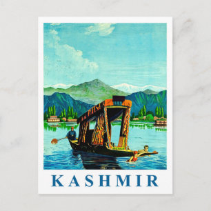 Kashmir, traditional boat on lake, vintage travel postcard