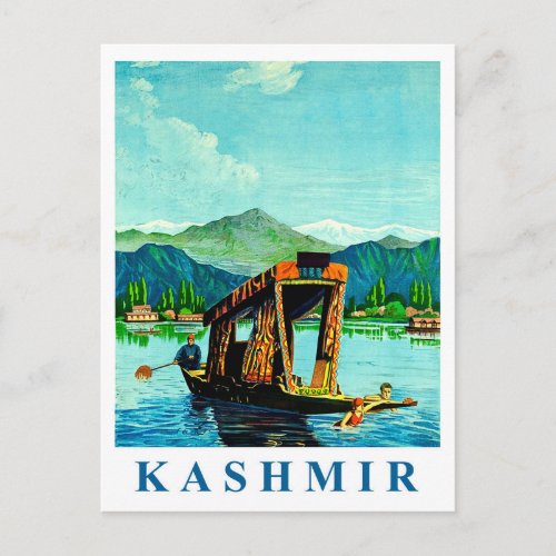 Kashmir traditional boat on lake vintage travel postcard