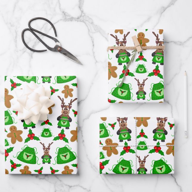 Kasky Cute Christmas Reindeer Baking Gingerbread Wrapping Paper Sheets (Front)