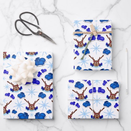 Kasky Cute Christmas Reindeer On Blue Ice Skates Wrapping Paper Sheets