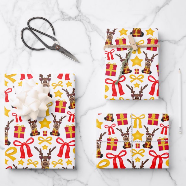 Kasky Cute Christmas Reindeer With Red Present  Wrapping Paper Sheets (Front)