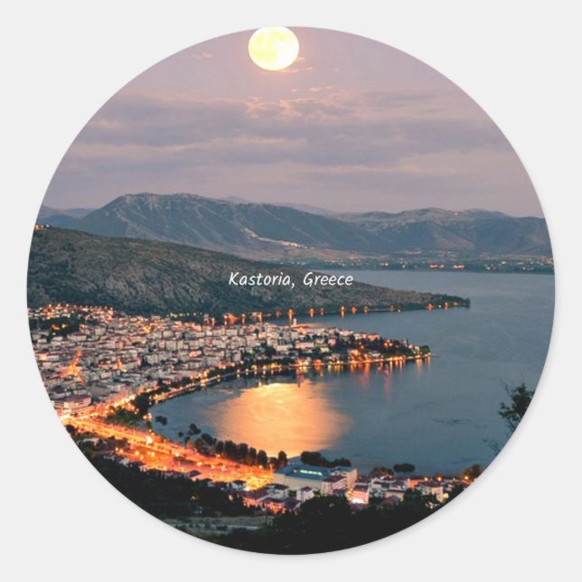 Kastoria, Greece (labeled, Moonlight, Classic Round Sticker (Front)