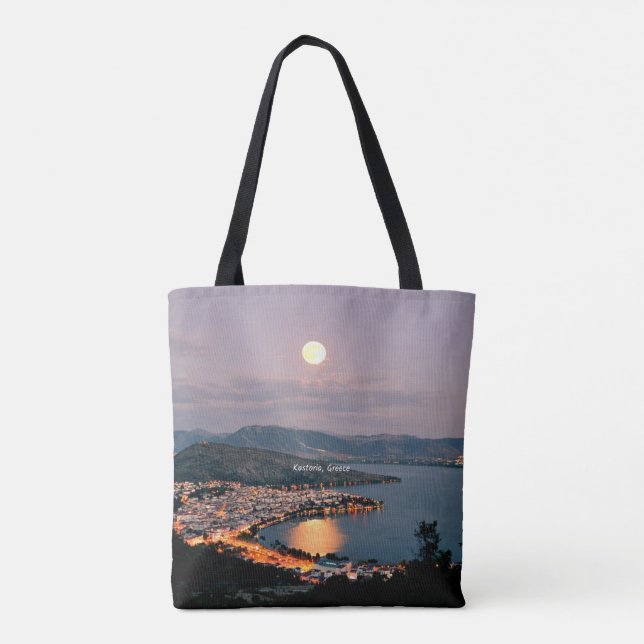 Kastoria, Greece (labeled, Moonlight Night Tote Bag (Back)