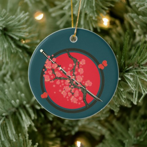 Katana and red flowers on branch ceramic ornament