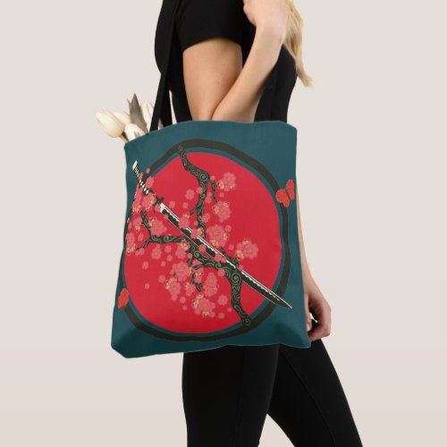 Katana and red flowers on branch tote bag