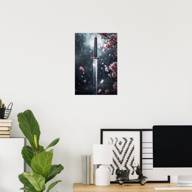 Katana Sword with Sakura Blossoms in the Rain Poster (Home Office)