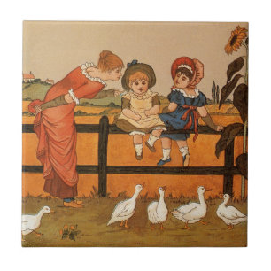 Kate Greenaway, Victorian woman children ducks Ceramic Tile