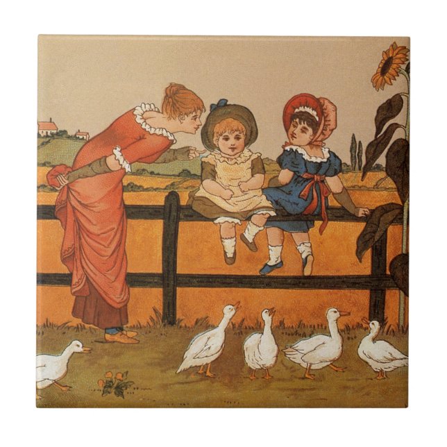 Kate Greenaway, Victorian woman children ducks Ceramic Tile (Front)