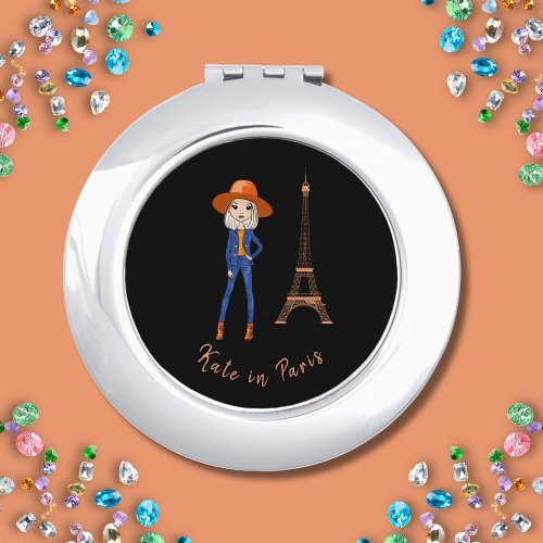 Kate in Paris Stylish Blonde Orange Blue Outfit Compact Mirror