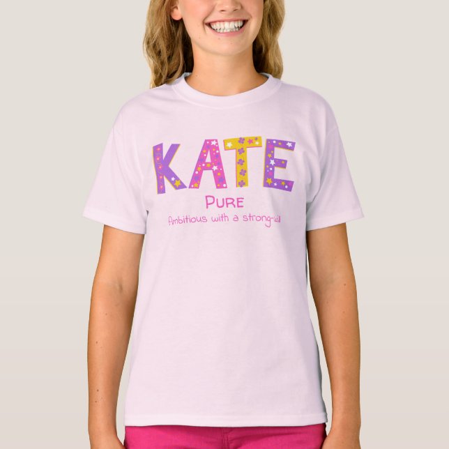 Kate name meaning pink purple yellow flower stars T-Shirt (Front)