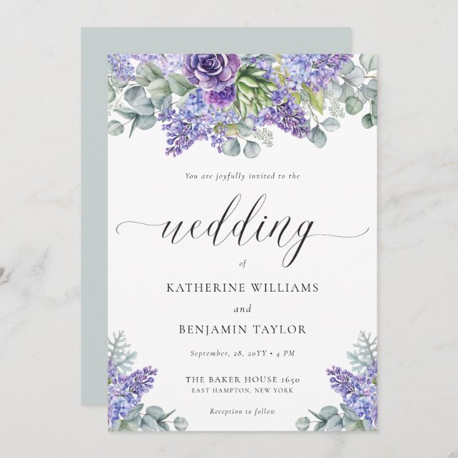 Katherine Elegant Script Floral Lavender Wedding Invitation (Front/Back)
