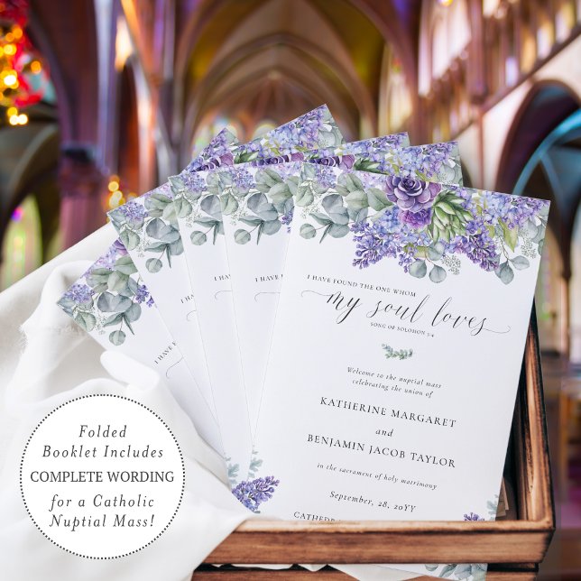 Katherine Lavender Catholic Wedding Mass Program (Elegant folded Catholic wedding program for full nuptial mass with purple succulents and greenery)