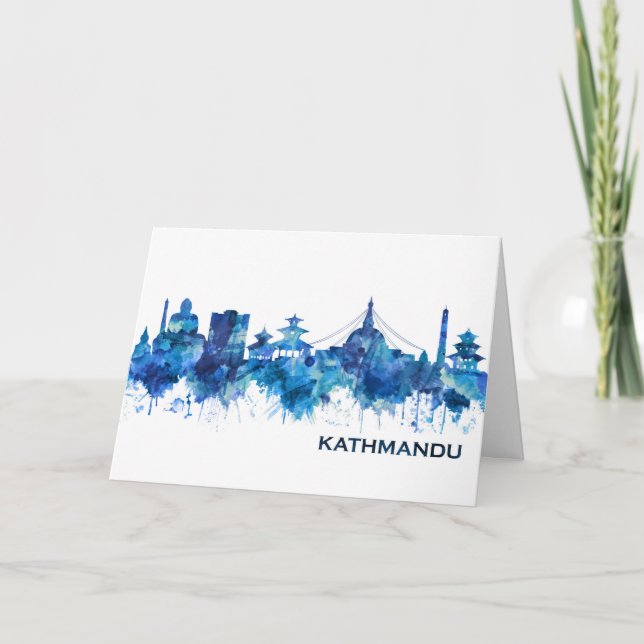 Kathmandu Nepal Skyline Blue Holiday Card (Front)