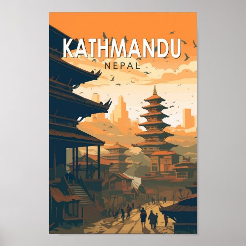 Kathmandu Nepal Travel Art Vintage Poster