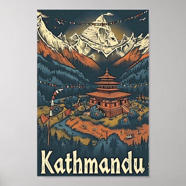Kathmandu Nepal Vintage Art Travel Illustration Poster (Front)