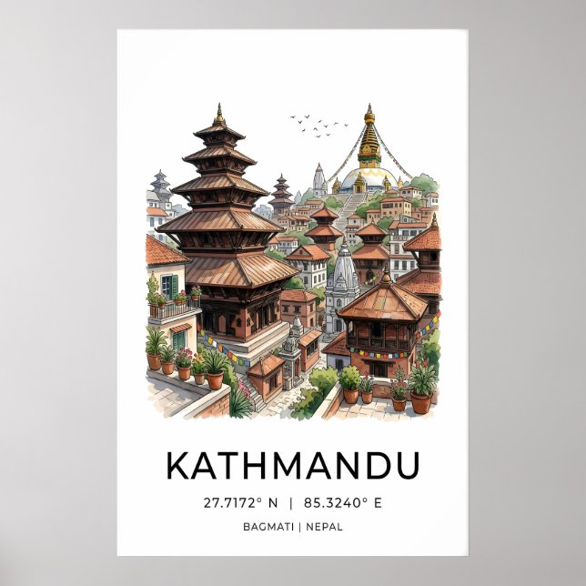 Kathmandu Wall Art Ink Line Drawing - Pagodas and (Front)