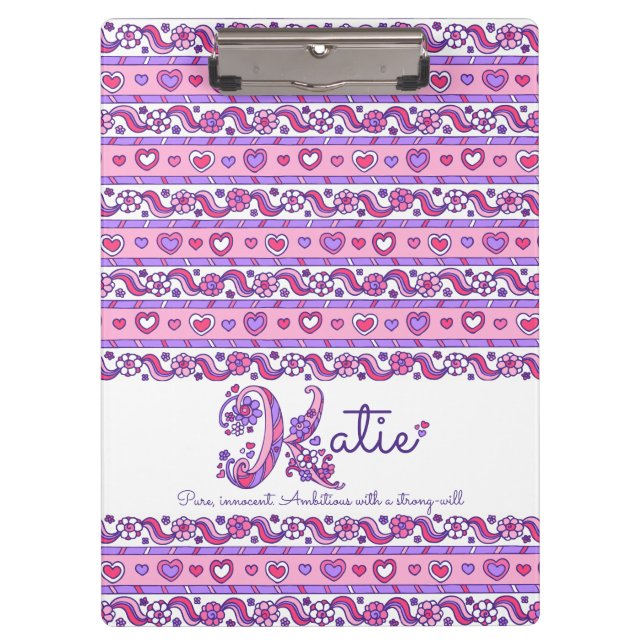 Katie name meaning hearts letter K clipboard (Front)