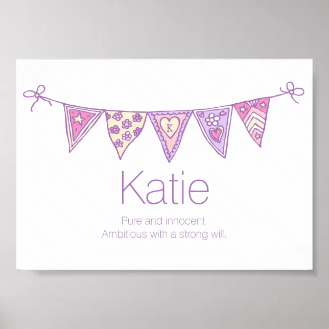 Katie name meaning purple pink drawn bunting poster | Zazzle