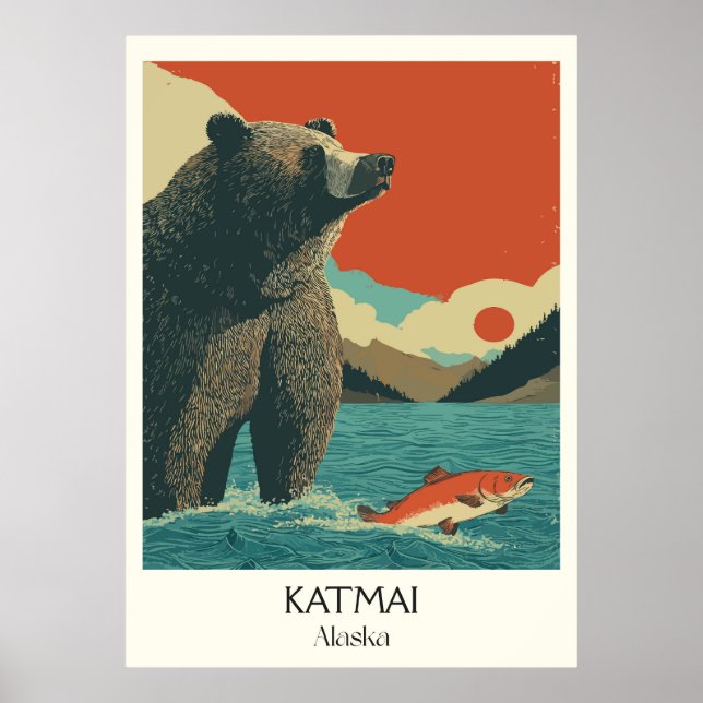 Katmai Alaska Bear Fishing Salmon Poster (Front)