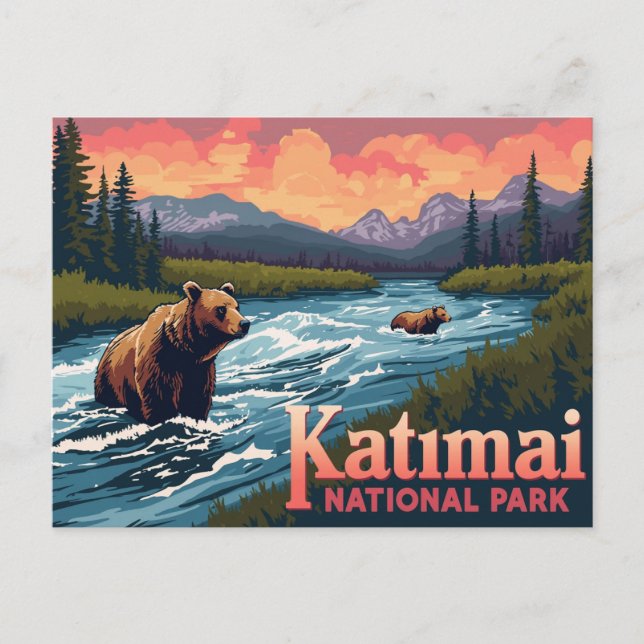 Katmai Bears Fishing River Vintage Art Postcard (Front)