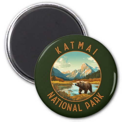 Katmai National Park Bear Retro Distressed Circle Magnet