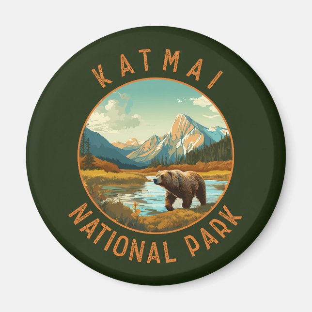 Katmai National Park Bear Retro Distressed Circle Magnet (Front)