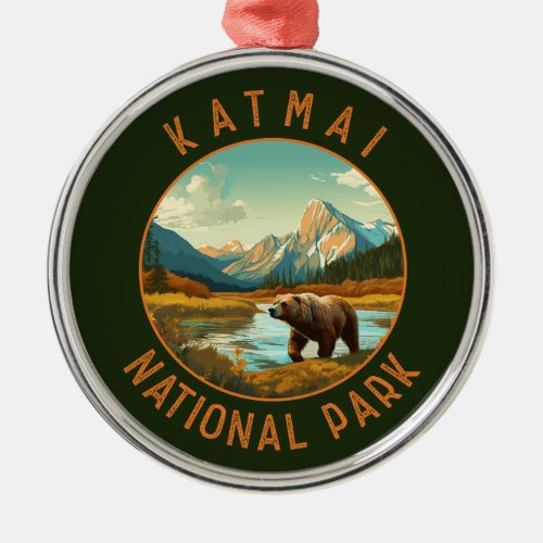 Katmai National Park Bear Retro Distressed Circle Metal Ornament