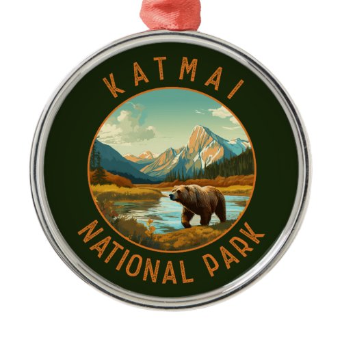 Katmai National Park Bear Retro Distressed Circle Metal Ornament