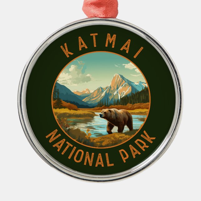 Katmai National Park Bear Retro Distressed Circle Metal Ornament (Front)