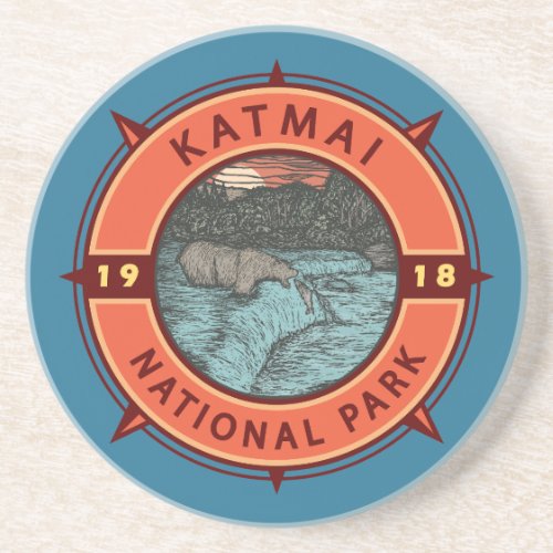 Katmai National Park Grizzly Bear Retro Compass Coaster