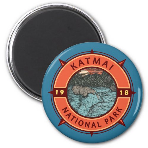 Katmai National Park Grizzly Bear Retro Compass Magnet