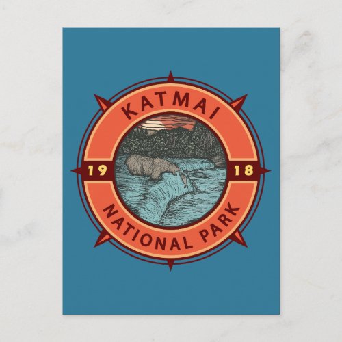 Katmai National Park Grizzly Bear Retro Compass Postcard