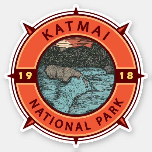 Katmai National Park Grizzly Bear Retro Compass Sticker